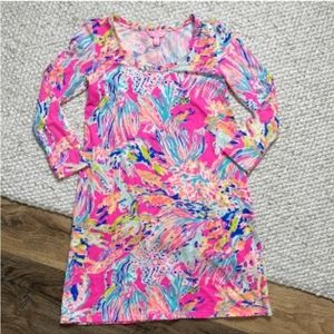 Lilly Pulitzer Womens Devon Dress Large Tiki Pink Sunken Treasure 3/4 Sleeve